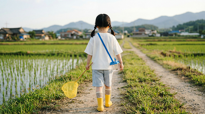 JPG 편집이미지 길 어린이 자연 산 논 풍경 소녀 여름 산책 농촌 채집망 편집실사 AI인물포토 AI콘텐츠 계절 여자 농업 휴식 사람 시골 CG 생태계 파일형식 AI포토