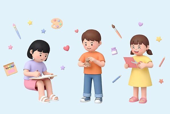 PSD 편집이미지 종이 어린이 모션 색연필 미술 웃음 친구 공책 도구 붓 체험 팔레트 공예 그림 편집3D 컨셉 관계 문화예술 문구용품 학용품 표정 사람 취미 3D 파일형식