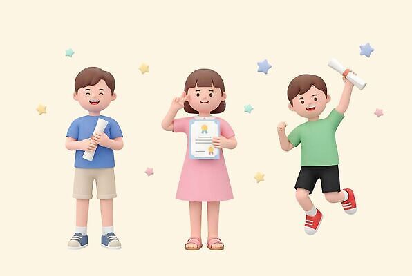 PSD 편집이미지 별 어린이 컬러 졸업 모션 웃음 세명 친구 기쁨 축하 체험 증서 편집3D 자연요소 교육 감정 컨셉 관계 표정 사람 3D 파일형식
