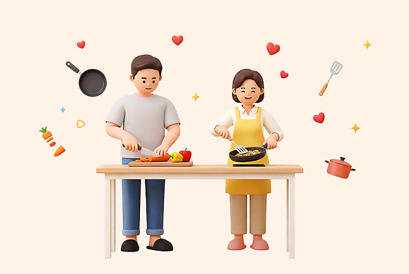 PSD 편집이미지 부부 음식 채소 재료 가족 식탁 협력 사랑 요리 사람 주방 식사 칼 준비 볶음 가정의달 부부의날 편집3D 커플 기념일 감정 관계 탁자 3D 5월 파일형식