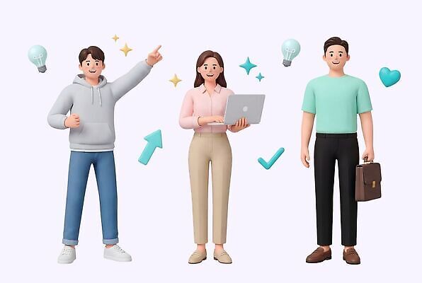 PSD 편집이미지 캐릭터 여자 남자 상징 포즈 서류가방 아이디어 청년 컴퓨터 작업 공유 순간 영감 창의력 청년정책 편집3D 컨셉 가방 사람 성인 전자제품 3D 복지 파일형식