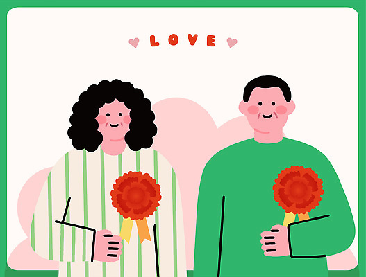 부부 여자 기념일 남자 꽃 행복 감정 컬러 포즈 일러스트 가족 관계 기념 사랑 미소 웃음 사람 축하 어버이날 카네이션 감사 가정의달 조화 국내일러스트 AI파일 식물 커플 컨셉 표정 이벤트 5월 파일형식 벡터