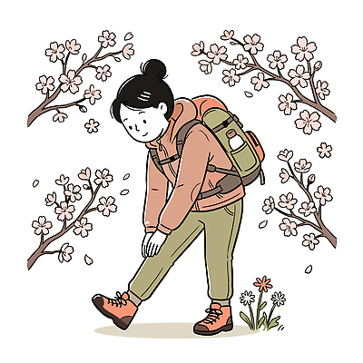 꽃 길 신발 일러스트 배낭 모션 자연 꽃나무 안전 사람 풍경 운동 걷기 봄 등산 하이킹 배낭여행 산행 꽃구경 국내일러스트 AI파일 나무 식물 계절 여행 가방 레저 건강 트래킹 생태계 파일형식 벡터