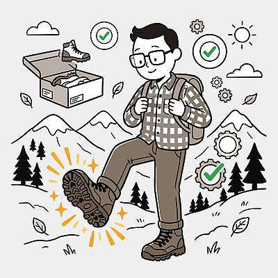 나무 남자 스포츠 신발 일러스트 배낭 모션 자연 산 부츠 아웃도어 안전 야외 등산 하이킹 산행 등산로 다리들기 신발상자 산맥 국내일러스트 AI파일 식물 가방 레저 사람 상자 트래킹 생태계 파일형식 벡터