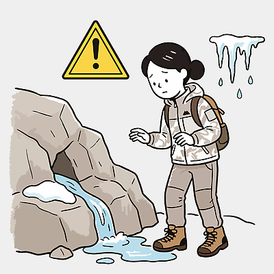 겨울 일러스트 자연 산 경고 안전 야외 걷기 얼음 등산 눈 위험 조심 산행 배수구 국내일러스트 AI파일 자연요소 계절 컨셉 모션 트래킹 생태계 파일형식 벡터