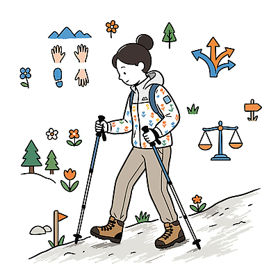 나무 꽃 길 일러스트 모션 자연 산 거리 사람 경사 취미 운동 등산 하이킹 장비 막대기 주말 산행 국내일러스트 AI파일 식물 레저 건강 트래킹 생태계 파일형식 벡터