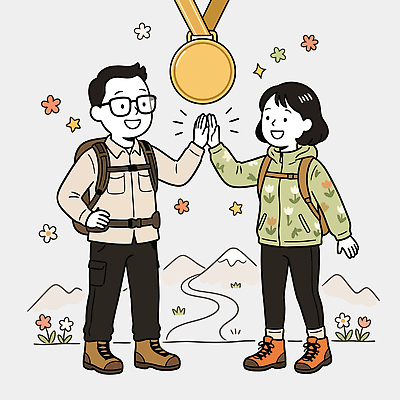 여자 남자 꽃 길 백그라운드 일러스트 모션 자연 성공 산 사람 풍경 친구 등산 기쁨 메달 하이파이브 산행 국내일러스트 AI파일 식물 감정 컨셉 관계 손짓 트래킹 생태계 상_상패 파일형식 벡터