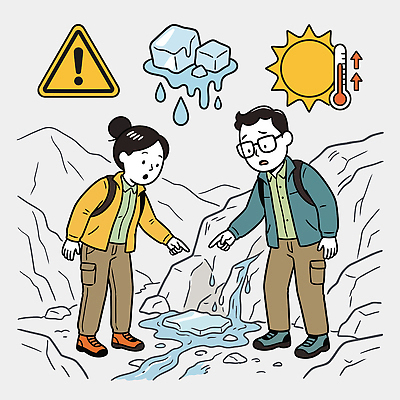 옷 신발 일러스트 모션 자연 날씨 경고 안전 물 얼음 등산 흐름 바위 위험 모험가 외출 산행 국내일러스트 AI파일 자연요소 컨셉 트래킹 생태계 파일형식 벡터