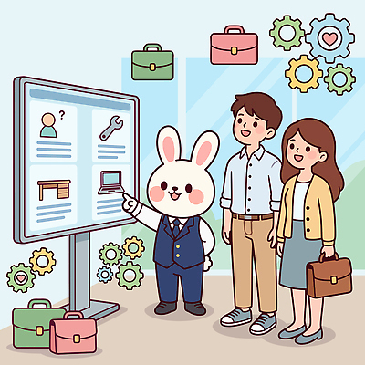 직업 캐릭터 여자 남자 일러스트 알림판 사람 정장 정보 구직 가리킴 토끼 검색 준비 탐색 관심 지원 청년정책 국내일러스트 AI파일 옷 컨셉 포유류 손짓 반려동물 복지 파일형식 벡터