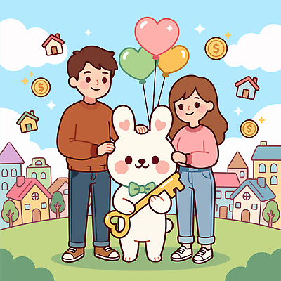 동물 커플 컬러 일러스트 가족 성공 열쇠 부동산 주택 경제 귀여움 토끼 이사 풍선 지원 청년정책 국내일러스트 AI파일 컨셉 포유류 관계 건물 반려동물 재산 복지 파일형식 벡터