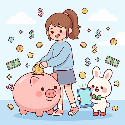 캐릭터 돈 일러스트 모션 경제 태블릿 귀여움 동전 저축 저금통 토끼 재정 지원 아기자기 청년정책 국내일러스트 AI파일 컨셉 포유류 금융 전자제품 스마트기기 반려동물 재산 복지 파일형식 벡터