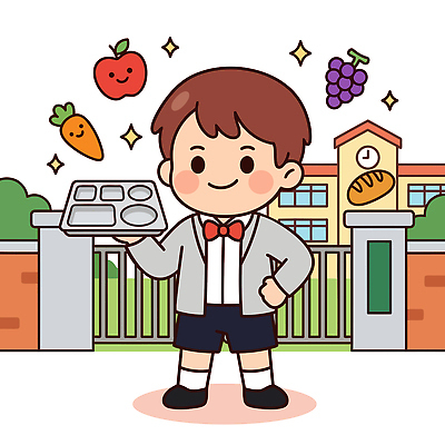 교육 어린이 음식 빵 채소 과일 일러스트 학교 포도 소년 건물 당근 사과 점심 식판 급식 Tray 국내일러스트 AI파일 건축물 남자 뿌리채소 사람 파일형식 벡터