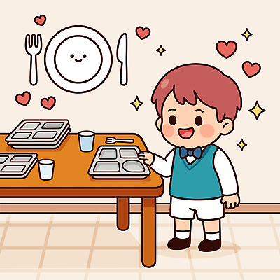 접시 어린이 음식 일러스트 식탁 탁자 웃음 컵 장난감 식사 준비 식판 급식 국내일러스트 AI파일 식기 가구 표정 사람 파일형식 벡터