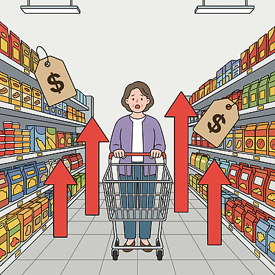 여자 음식 중년 생활용품 일러스트 선반 경제 쇼핑 장보기 꼬리표 판매 물가 복도 소비 구매 상품 가격 고객 장바구니 가격표 마트 슈퍼마켓 물가안정 국내일러스트 AI파일 가구 사람 풍경 성인 라벨 바구니 상점 오브젝트 파일형식 벡터