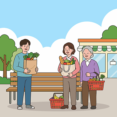 여자 남자 채소 가방 과일 일러스트 사람 경제 농작물 쇼핑 상점 만남 장 장바구니 물가안정 국내일러스트 AI파일 잡화 컨셉 농업 바구니 파일형식 벡터