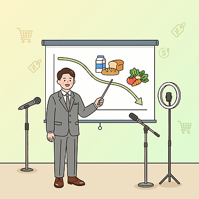 남자 음식 빵 채소 과일 일러스트 비즈니스 손가락 그래프 설명 경제 우유 작업 발표 프레젠테이션 마이크 회의실 서류판 물가안정 국내일러스트 AI파일 손 음향기기 모션 유제품 사람 사무용품 파일형식 벡터