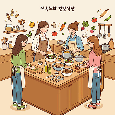 여자 음식 채소 일러스트 재료 주방용품 협력 건강 요리 주방 식사 모임 준비 커뮤니티 식단 건강식 식사준비 요리수업 국내일러스트 슬로우에이징 AI파일 생활용품 수업 사람 파일형식 벡터