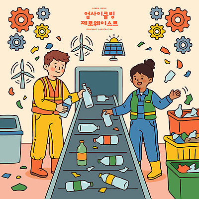 여자 남자 일러스트 재료 공장 협력 자연보호 환경 그린캠페인 기계 재활용 쓰레기통 작업 청소 환경보전 분리수거 태양에너지 업사이클링 제로웨이스트 국내일러스트 AI파일 캠페인 공업 자연 사람 그린에너지 보호 사회이슈 친환경 파일형식 벡터