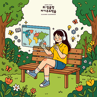 나무 공원 꽃 여유 지도 벤치 일러스트 자연 소녀 여름 학습 세계 스크린 헤드폰 편안함 탐색 관심 자기주도학습 AI_인공지능 국내일러스트 AI파일 식물 계절 공공시설 여자 교육 감정 어린이 음향기기 의자 감각 생태계 파일형식 벡터