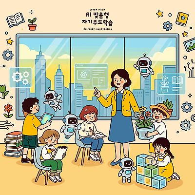 캐릭터 여자 교육 남자 어린이 일러스트 교실 수업 협력 노트북 스마트기기 학습 컴퓨터 태블릿 교사 블록 도구 로봇 즐거움 과제 창의력 자기주도학습 AI_인공지능 국내일러스트 AI파일 직업 감정 학교 사람 전자제품 파일형식 벡터