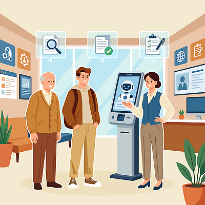 여자 남자 일러스트 기술 대화 설명 사람 성인 컴퓨터 사무실 스크린 자료 정보 고객 로봇 직원 서비스 방문 관리자 민원 상호작용 국내일러스트 AI파일 비즈니스 모션 말하기 전자제품 요청 신고 파일형식 벡터