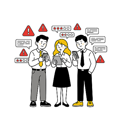 여자 남자 일러스트 회사 경고 사람 스마트폰 사무실 스크린 정보 그룹 메시지 확인 긴장 의견 소통 리뷰 반응 별점 국내일러스트 AI파일 감정 컨셉 비즈니스 핸드폰 스마트기기 점수 평가 파일형식 벡터