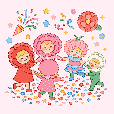 꽃 행복 어린이 일러스트 놀이 웃음 이벤트 장식 손잡기 유치원 춤 어버이날 스승의날 카네이션 즐거움 꽃가루 화사함 가정의달 스타일 국내일러스트 AI파일 식물 교육 기념일 감정 컨셉 모션 문화예술 표정 사람 5월 가루 파일형식 벡터