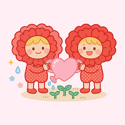 식물 웰빙 어린이 분홍색 일러스트 사랑 웃음 소녀 두명 정원 물방울 어버이날 스승의날 카네이션 물주기 자매 가정의달 동심 국내일러스트 AI파일 여자 기념일 꽃 감정 컬러 가족 모션 표정 사람 5월 파일형식 벡터