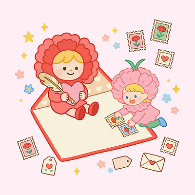 꽃 어린이 일러스트 놀이 사랑 장식 친구 도장 메시지 어버이날 편지 스승의날 편지지 카네이션 즐거움 가정의달 우표 국내일러스트 AI파일 식물 기념일 감정 관계 사람 5월 파일형식 벡터
