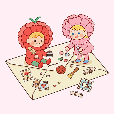 꽃 행복 종이 어린이 분홍색 일러스트 놀이 문구용품 색연필 잉크 두명 장식 빨간색 도장 편지 즐거움 창작 국내일러스트 AI파일 식물 감정 컬러 학용품 사람 오브젝트 파일형식 벡터