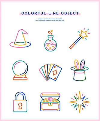 별 선 일러스트 자물쇠 그래픽 상자 마술 토끼 약병 마법 보물 아이템 마법봉 마법사모자 수정구슬 타로카드 국내일러스트 AI파일 자연요소 모자_잡화 포유류 반려동물 약 마술도구 타로 병_담는 파일형식 벡터