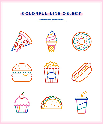 선 음식 일러스트 아이스크림 디저트 피자 패스트푸드 햄버거 도넛 컵케이크 팝콘 핫도그 타코 음료수컵 국내일러스트 AI파일 서양음식 컵 케이크 인스턴트 파일형식 벡터