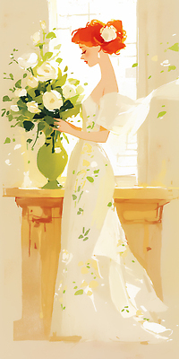 JPG 식물 여자 꽃 신부 부케 웨딩드레스 일러스트 창문 자연 결혼식 실내 사랑 초록색 햇빛 화사함 조화 국내일러스트 AI일러스트 AI콘텐츠 드레스 감정 컬러 꽃다발 결혼 컨셉 사람 내부 빛 생태계 파일형식