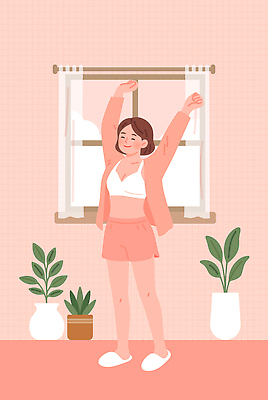 식물 옷 여자 행복 화분 분홍색 일러스트 집안 실내 일상 속옷 편안함 창가 기지개 스타일 국내일러스트 AI파일 감정 컬러 창문 모션 사람 내부 라이프 감각 파일형식 벡터