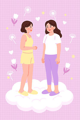 캐릭터 옷 여자 행복 일러스트 대화 웃음 그래픽 친구 속옷 편안함 즐거움 장면 국내일러스트 AI파일 감정 관계 표정 말하기 사람 감각 파일형식 벡터