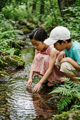 JPG 나무 편집이미지 손 여자 남자 어린이 자연 물놀이 물 여름 친구 계곡 숲속 강가 놀기 의료성형뷰티 편집실사 AI인물포토 AI콘텐츠 자연요소 식물 계절 관계 모션 놀이 사람 신체부위 강 숲 CG 생태계 파일형식 AI포토