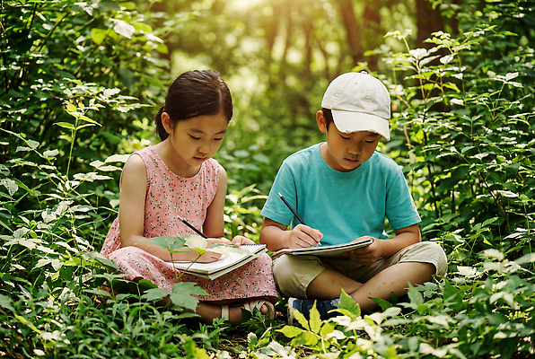 JPG 편집이미지 여자 남자 어린이 자연 앉기 잔디 여름 햇빛 공책 관찰 기록 숲속 숲 의료성형뷰티 편집실사 AI인물포토 AI콘텐츠 식물 계절 모션 문구용품 사람 빛 CG 생태계 파일형식 AI포토