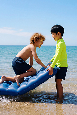 JPG 편집이미지 수영복 어린이 바다 물놀이 웃음 소년 해변 두명 여름 친구 모래사장 수영 비치베드 튜브 의료성형뷰티 편집실사 AI인물포토 AI콘텐츠 옷 계절 남자 관계 놀이 표정 사람 수상스포츠 CG 파일형식 AI포토