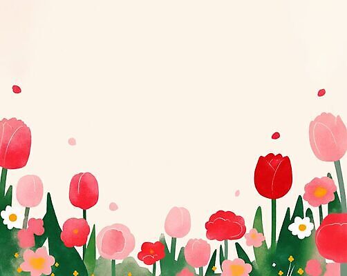 JPG 꽃 화초 분홍색 잎 일러스트 잔디 초원 빨간색 햇빛 노란색 정원 튤립 흰색 식물원 꽃프레임 국내일러스트 AI일러스트 AI콘텐츠 식물 컬러 프레임 빛 파일형식