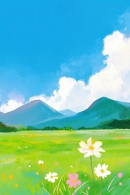 JPG 꽃 일러스트 자연 하늘 산 풍경 초원 햇빛 국내일러스트 AI일러스트 AI콘텐츠 식물 빛 생태계 파일형식