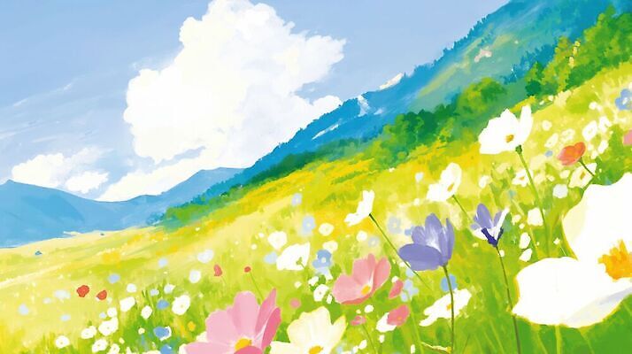 JPG 꽃 꽃밭 일러스트 자연 하늘 산 풍경 초원 햇빛 국내일러스트 AI일러스트 AI콘텐츠 식물 빛 생태계 파일형식