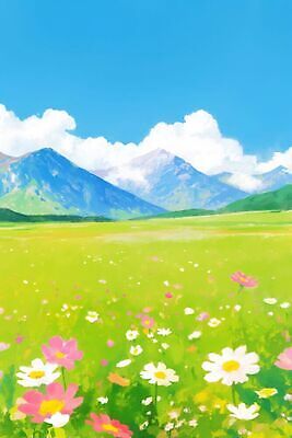 JPG 식물 꽃 일러스트 자연 하늘 산 풍경 잔디 초원 국내일러스트 AI일러스트 AI콘텐츠 생태계 파일형식