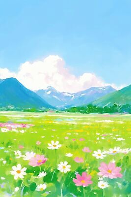 JPG 꽃 꽃밭 일러스트 자연 하늘 산 풍경 초원 국내일러스트 AI일러스트 AI콘텐츠 식물 생태계 파일형식