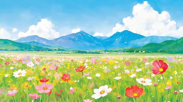 JPG 식물 꽃 꽃밭 일러스트 자연 하늘 산 풍경 초원 국내일러스트 AI일러스트 AI콘텐츠 생태계 파일형식