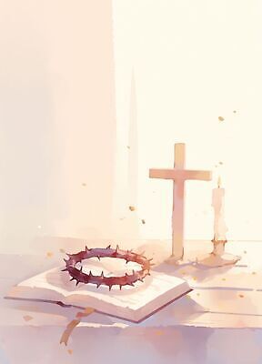 JPG 기독교 종교 십자가 일러스트 촛불 탁자 빛 믿음 성경 기도 예배 신성 가시면류관 숭배 국내일러스트 AI일러스트 AI콘텐츠 감정 가구 초 종교용품 파일형식