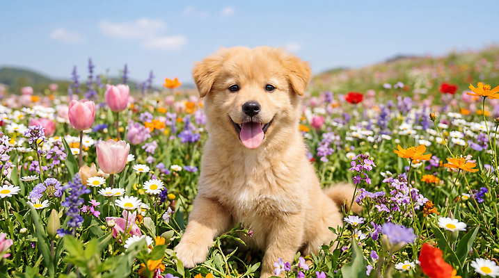 JPG 편집이미지 꽃 행복 반려견 꽃밭 자연 놀이 하늘 앉기 초원 야외 햇빛 강아지 편집실사 AI포토 AI콘텐츠 식물 감정 모션 빛 반려동물 개 CG 생태계 파일형식