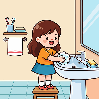 어린이 일러스트 소녀 청결 위생 세면대 비누 손씻기 국내일러스트 AI파일 여자 사람 위생용품 씻기 파일형식 벡터