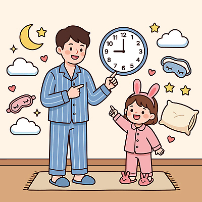 여자 남자 딸 별 어린이 시계 일러스트 가족 귀여움 잠옷 가리킴 잠 아빠 밤 국내일러스트 AI파일 자연요소 옷 컨셉 관계 사람 손짓 파일형식 벡터