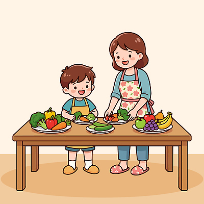 어린이 음식 채소 과일 일러스트 가족 식탁 엄마 함께함 건강 요리 주방 신선 준비 국내일러스트 AI파일 컨셉 관계 탁자 사람 파일형식 벡터