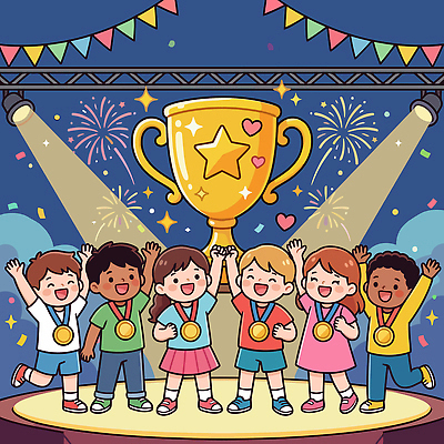 어린이 일러스트 불꽃놀이 웃음 친구 공연 기쁨 무대 축하 우승 그룹 트로피 즐거움 금메달 국내일러스트 AI파일 감정 컨셉 관계 놀이 표정 사람 이벤트 최고 상_우승 메달 파일형식 벡터